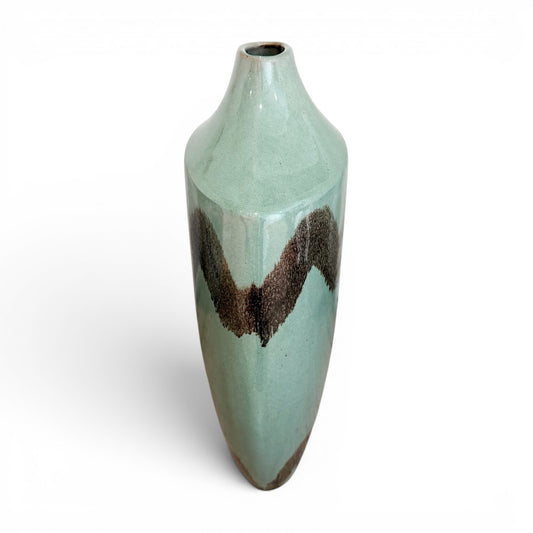 Light Green Ceramic Vase with Brown Decoration