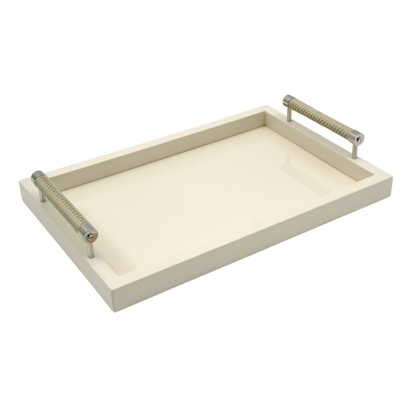 Ivory Lacquered Tray with Leather Handles - Small