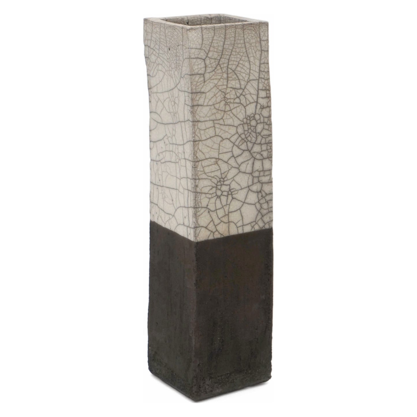 Tall Square Raku Vase with White Crackle Top