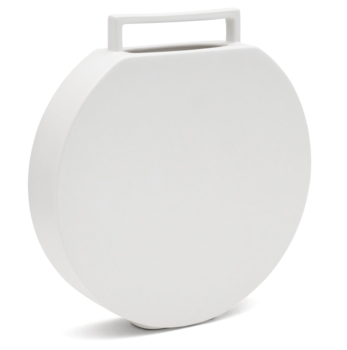 Circular Flat White Ceramic Vase with Handle