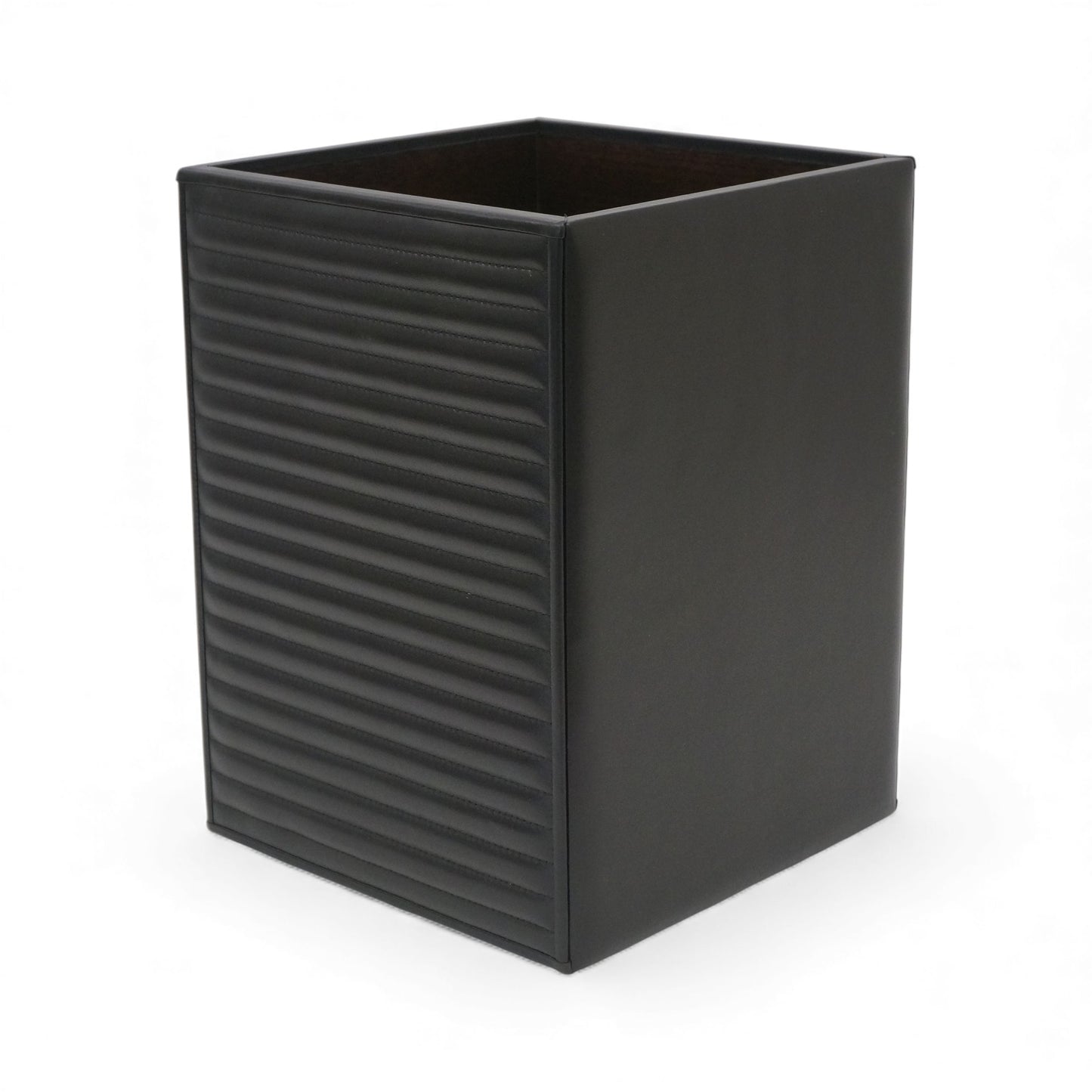 Ribbed Black Leather Waste Basket