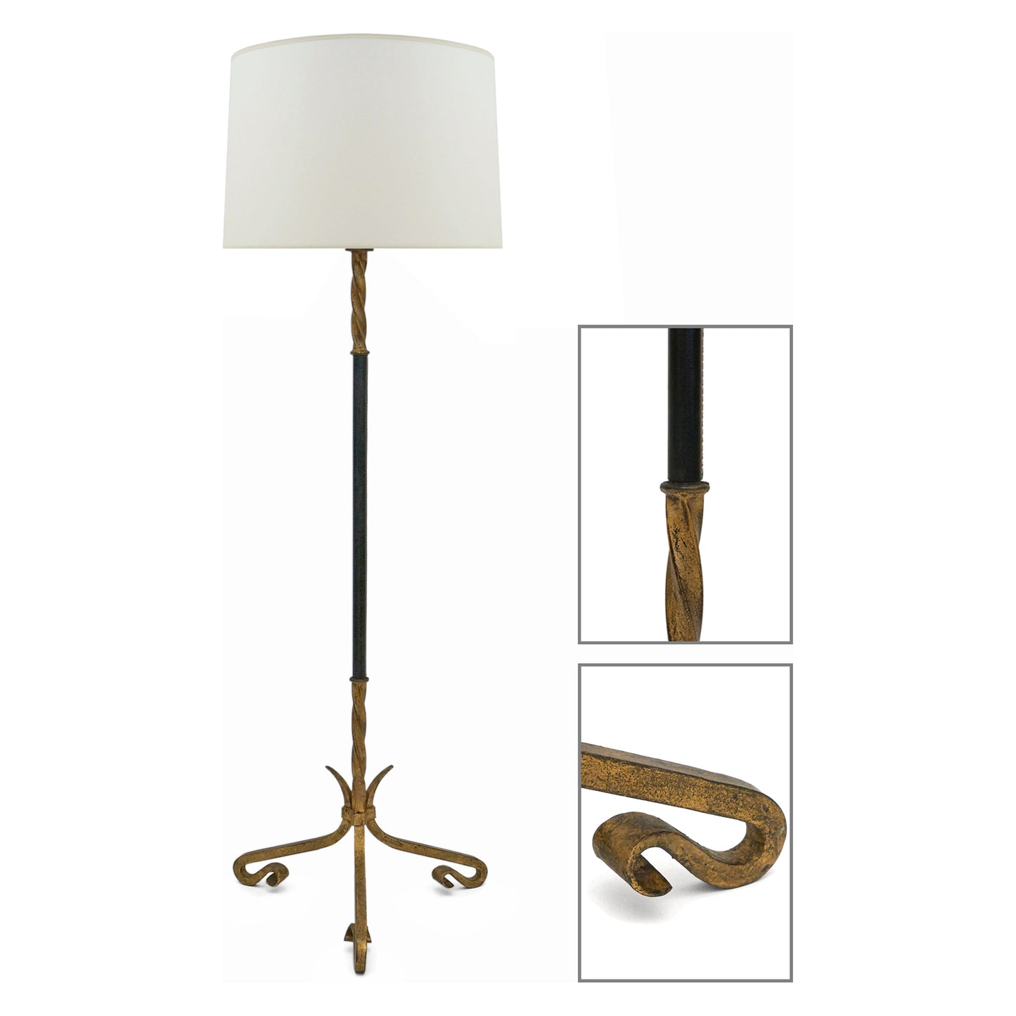 Gilt Iron and Black Leather Standing Lamp