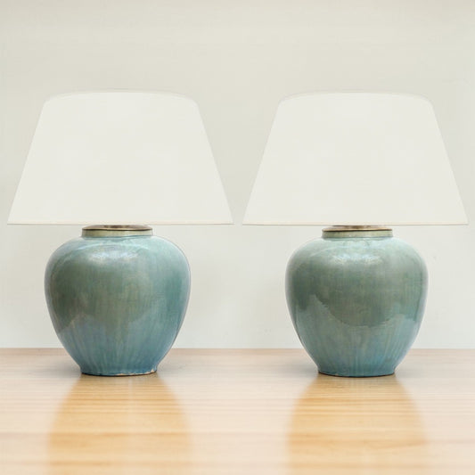 Pair of Large Blue/Green Ceramic Table Lamps