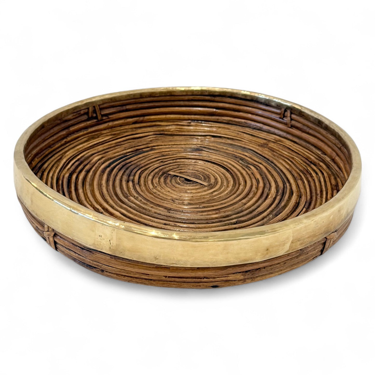 Circular Rattan Tray with Brass Trim