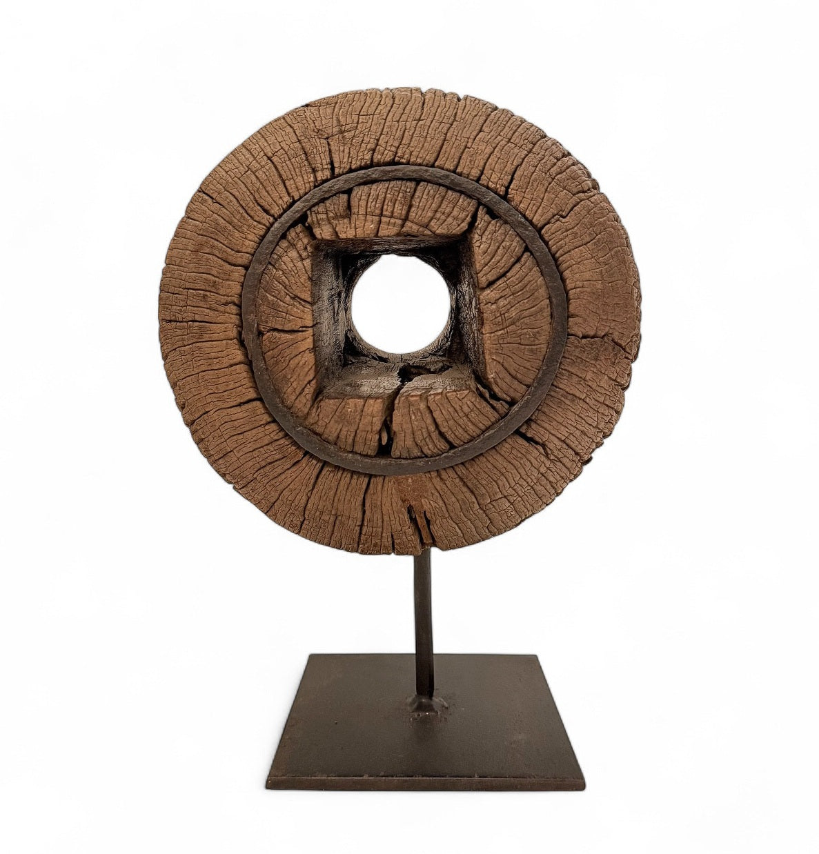 Rustic Wood Wheel Mounted on Stand