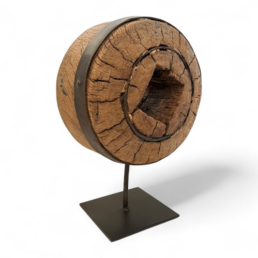 Rustic Wood Wheel Mounted on Stand