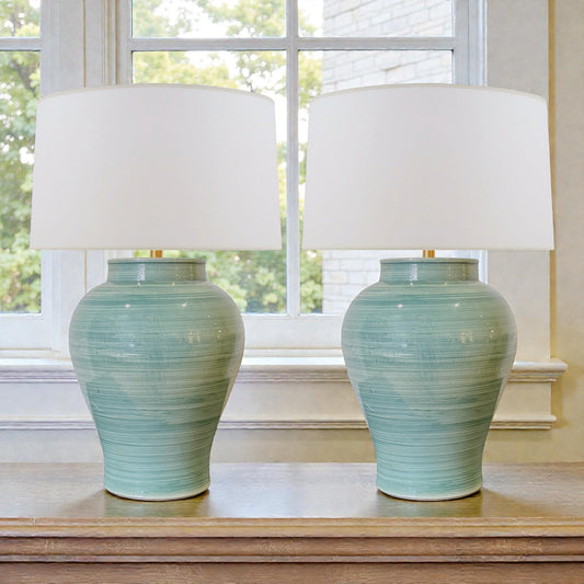 Pair of Green Stoneware Urn Shaped Table Lamps