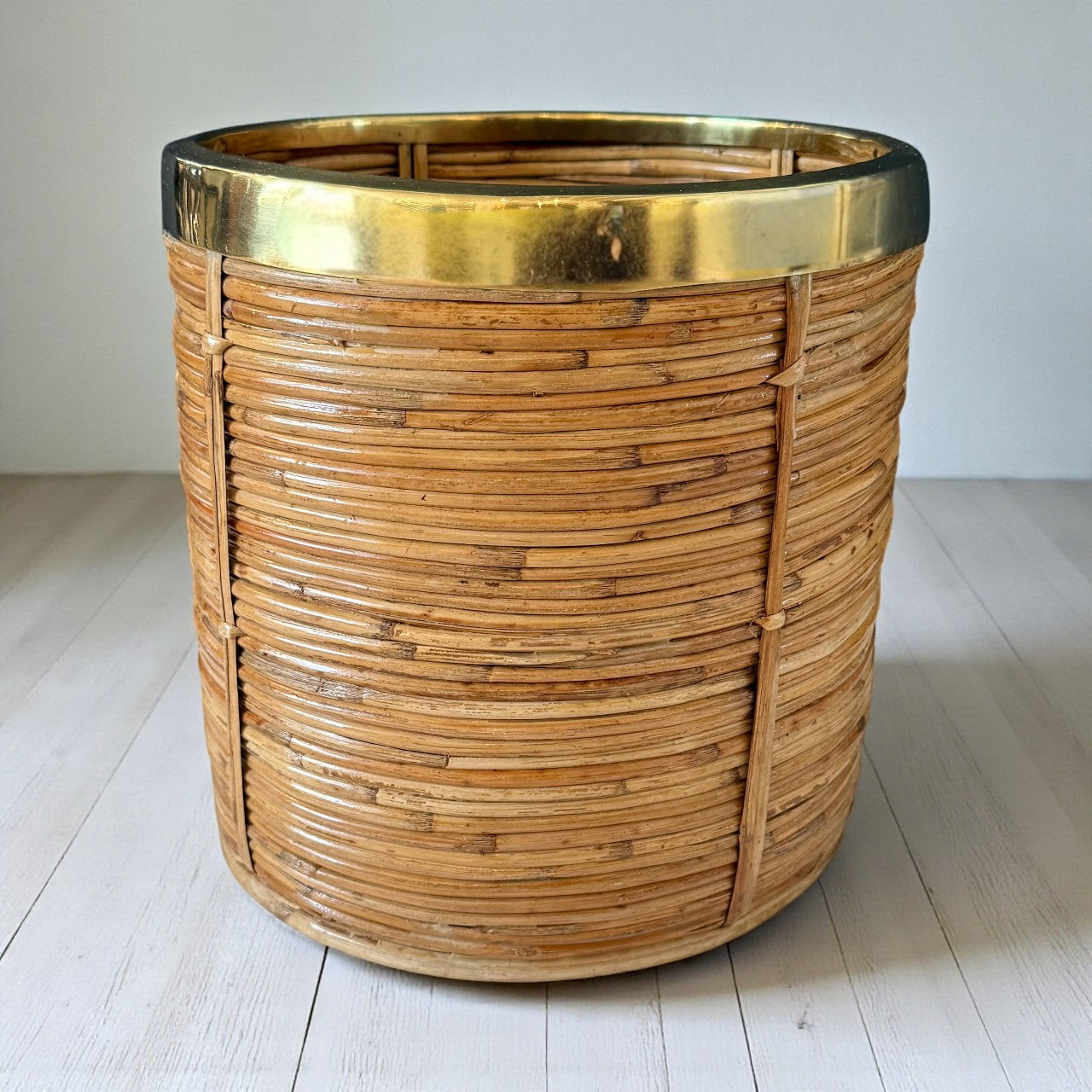 Rattan and Brass Rim Waste Paper Basket