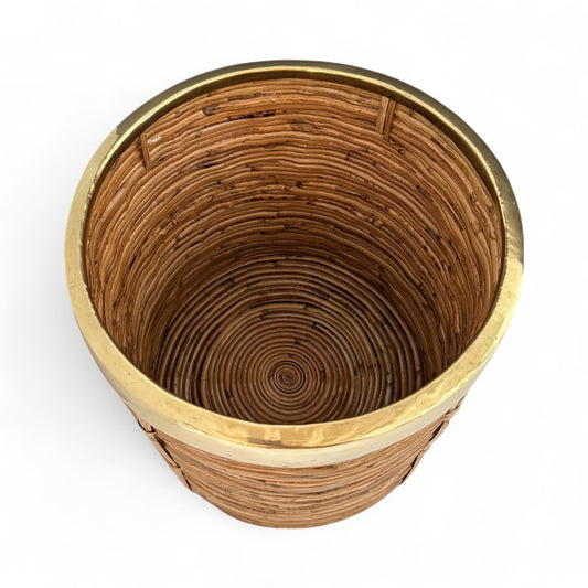 Rattan and Brass Rim Waste Paper Basket
