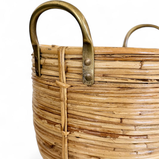 Vintage Rattan Basket with Brass Handles