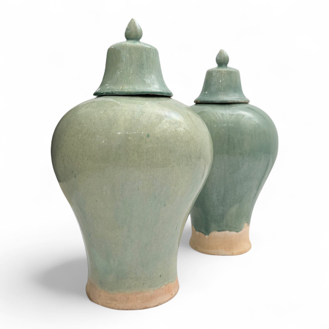 Pair of Celadon Stoneware Temple Jars