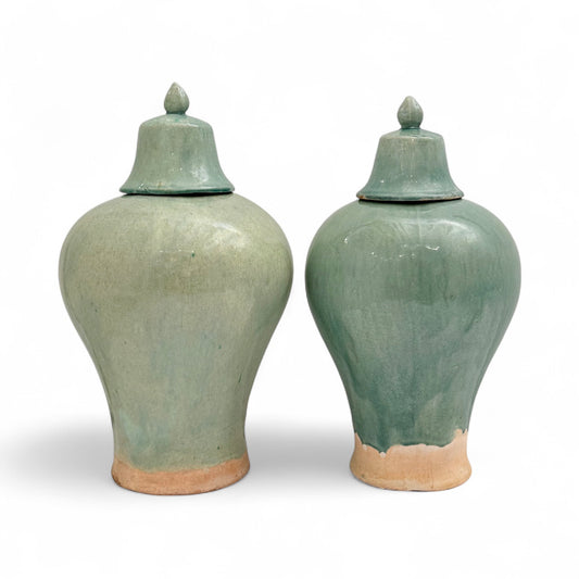 Pair of Celadon Stoneware Temple Jars