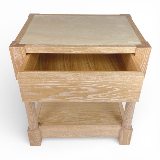 Pair of Cerused Oak & Travertine Nightstands