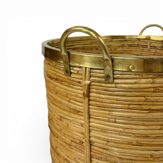 Large Rattan and Brass Basket
