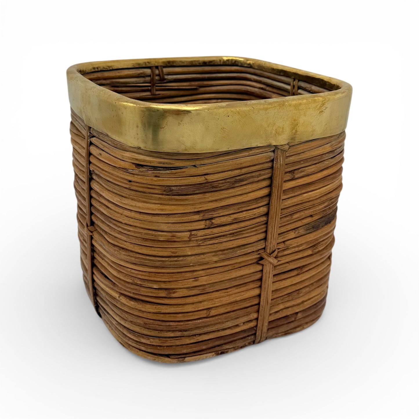 Small Pencil Reed Waste Basket with Brass