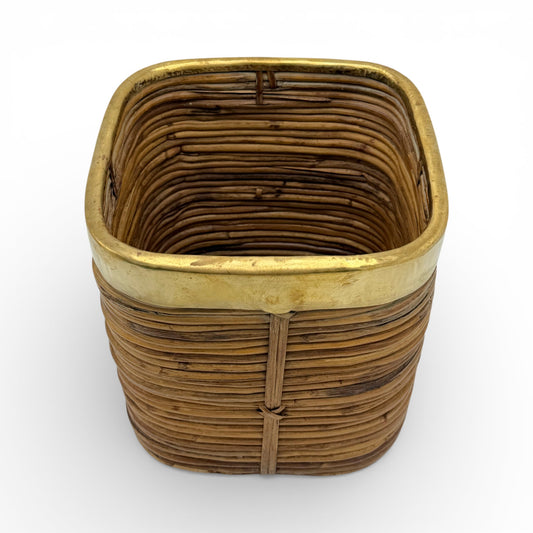 Small Pencil Reed Waste Basket with Brass