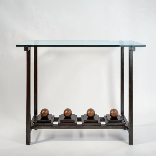 Iron and Glass Console Table with Bronze Sphere Accents