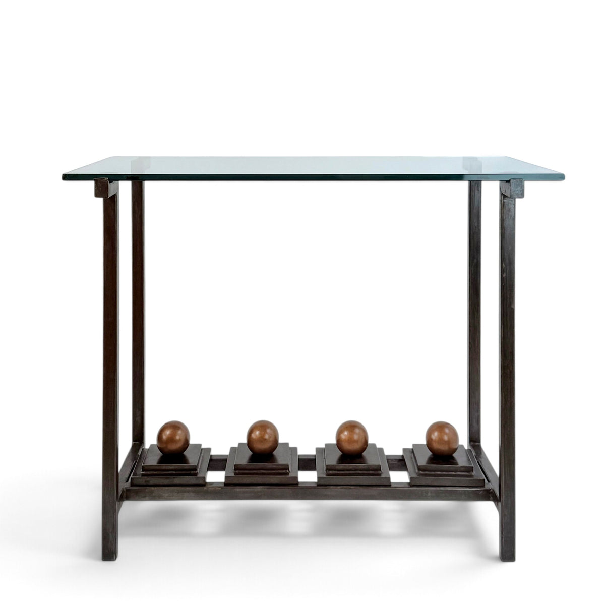 Iron and Glass Console Table with Bronze Sphere Accents