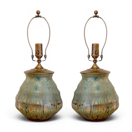 Pair of Green Drip Glazed Table Lamps