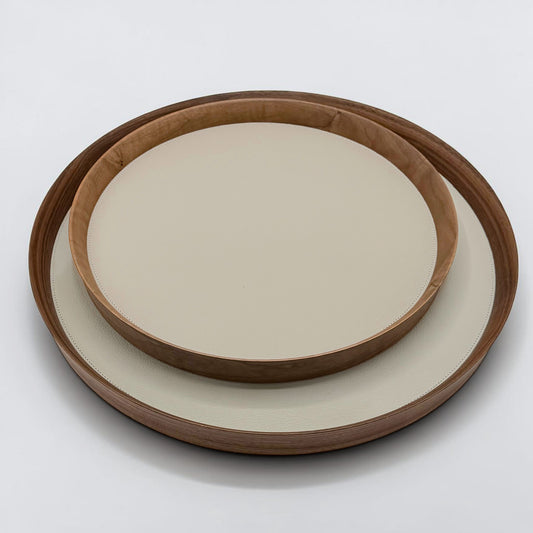 Italian Leather and Wood Tray - Taupe, Large