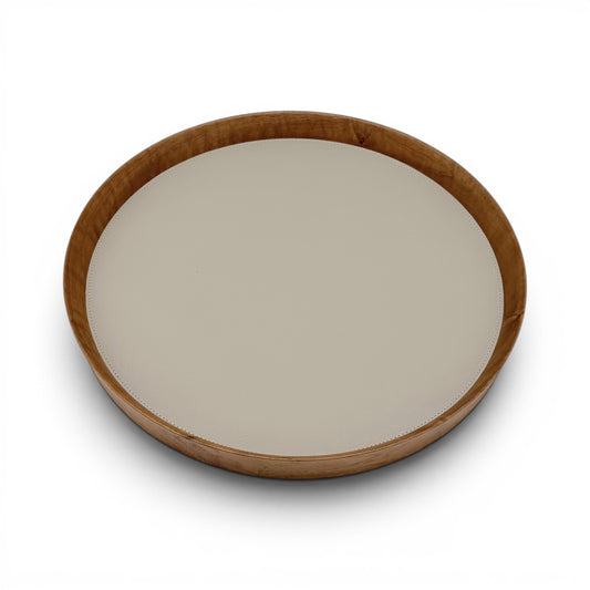 Italian Leather and Wood Tray - Taupe, Medium