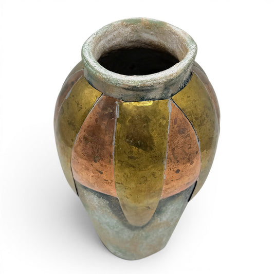Stoneware Vase with Applied Copper and Brass Collar