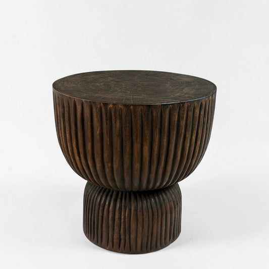 Carved Ribbed Suar Wood Side Table