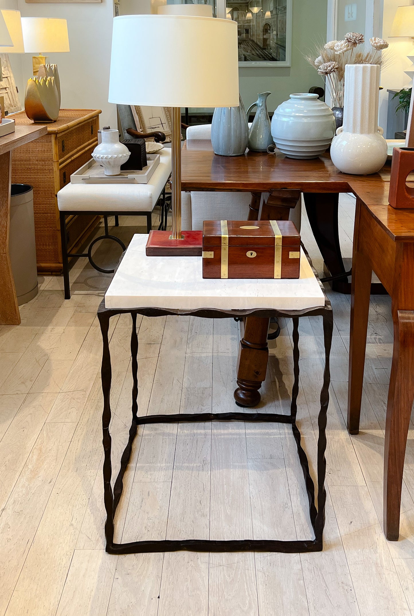 Iron Side Table with Inset Creme Marfil Top
