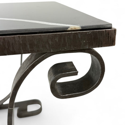 Iron Scroll Form Side Table with Black Marble Top