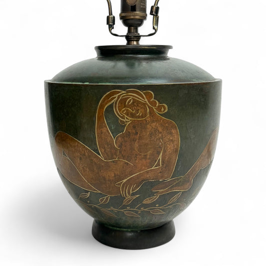 Patinated Metal Table Lamp with Handpainted Women