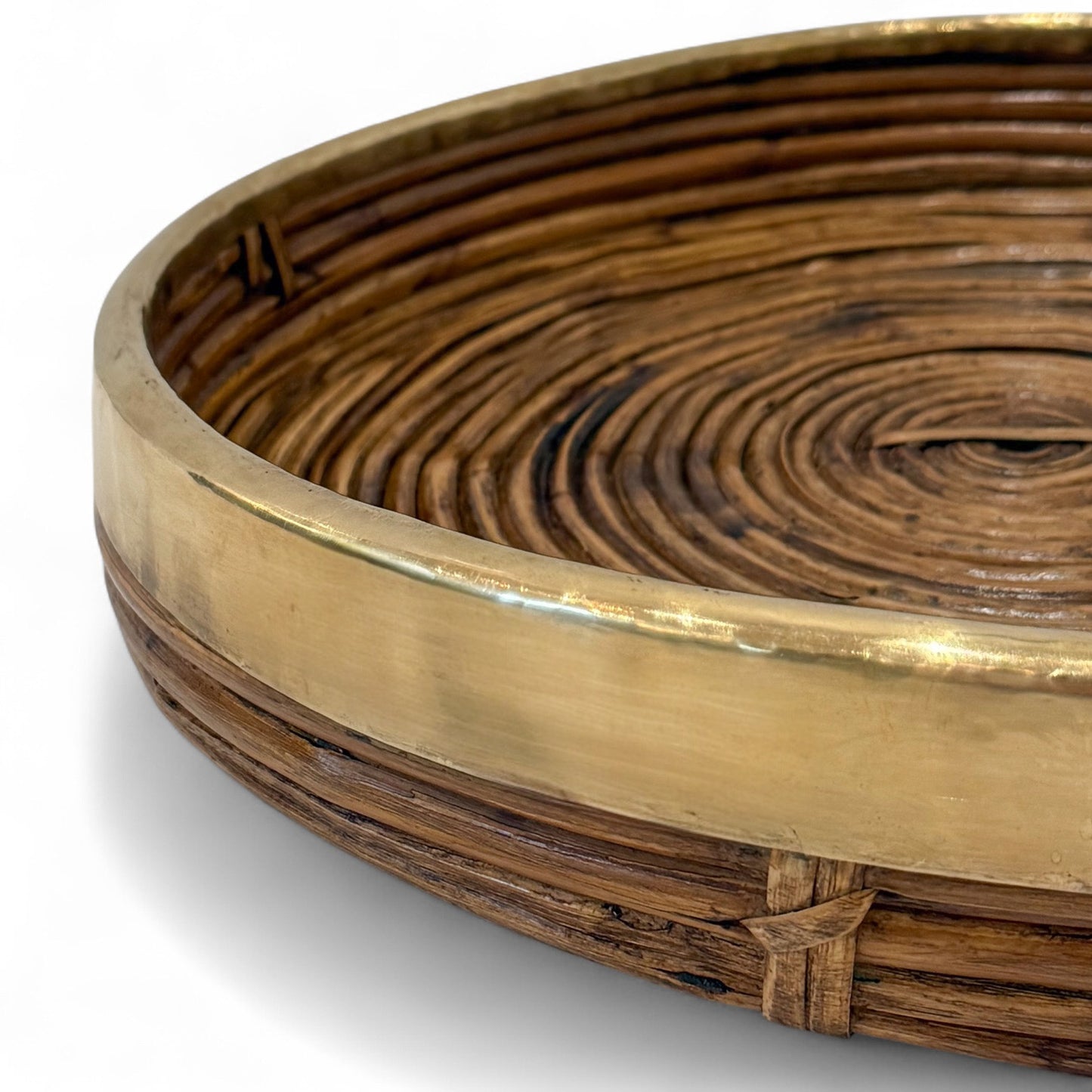 Circular Rattan Tray with Brass Trim