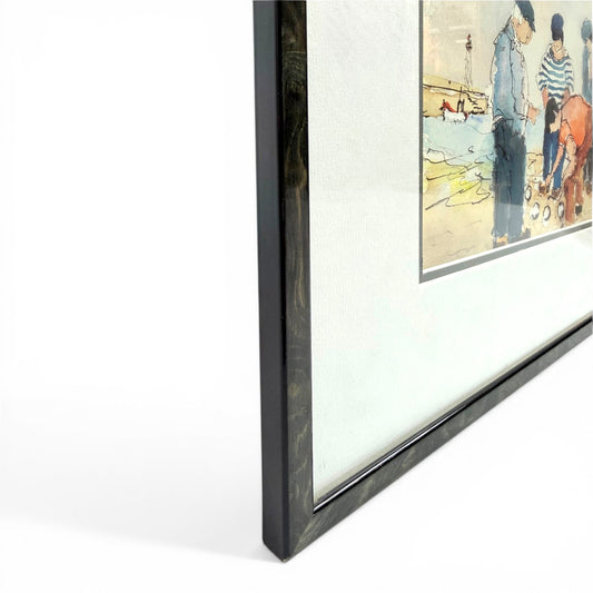 French Watercolor and Ink Painting of Bocce Players