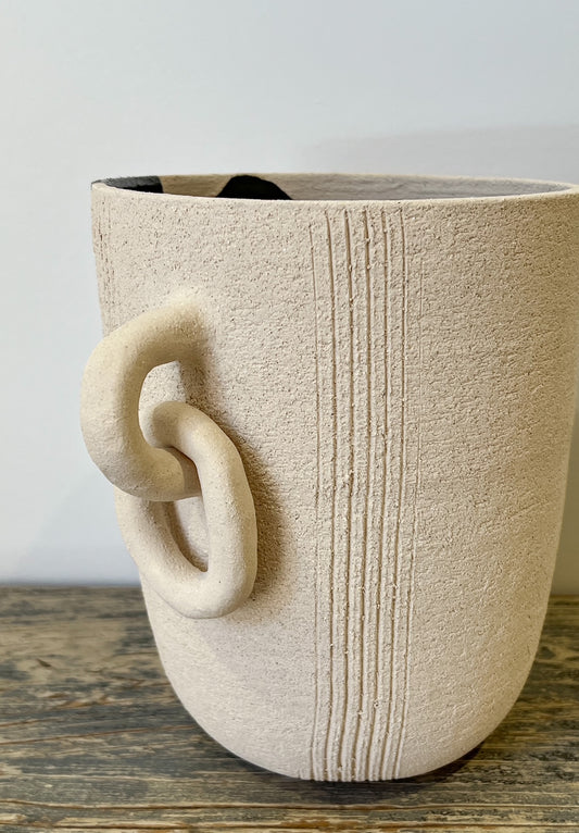 Handled Stoneware Vase with Ring Detail