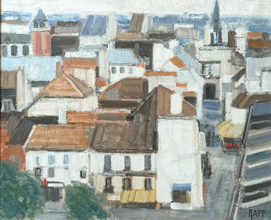 French Oil Painting of Houses on Hillside
