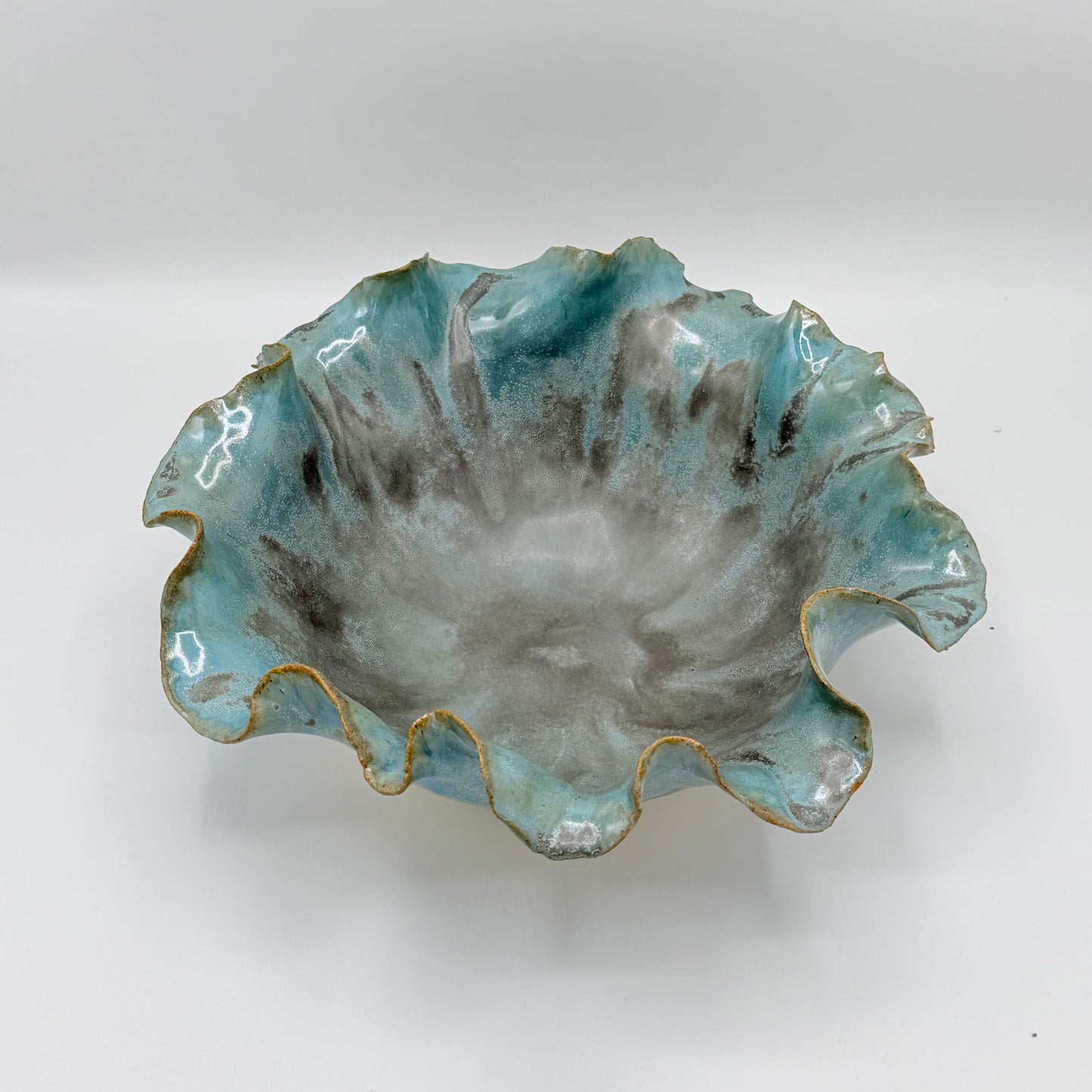 Aqua Blue/Green Bowl with Ruffled Rim