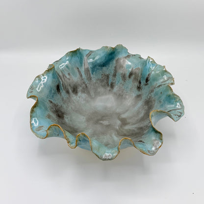 Aqua Blue/Green Bowl with Ruffled Rim