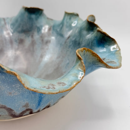 Aqua Blue/Green Bowl with Ruffled Rim