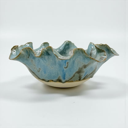 Aqua Blue/Green Bowl with Ruffled Rim