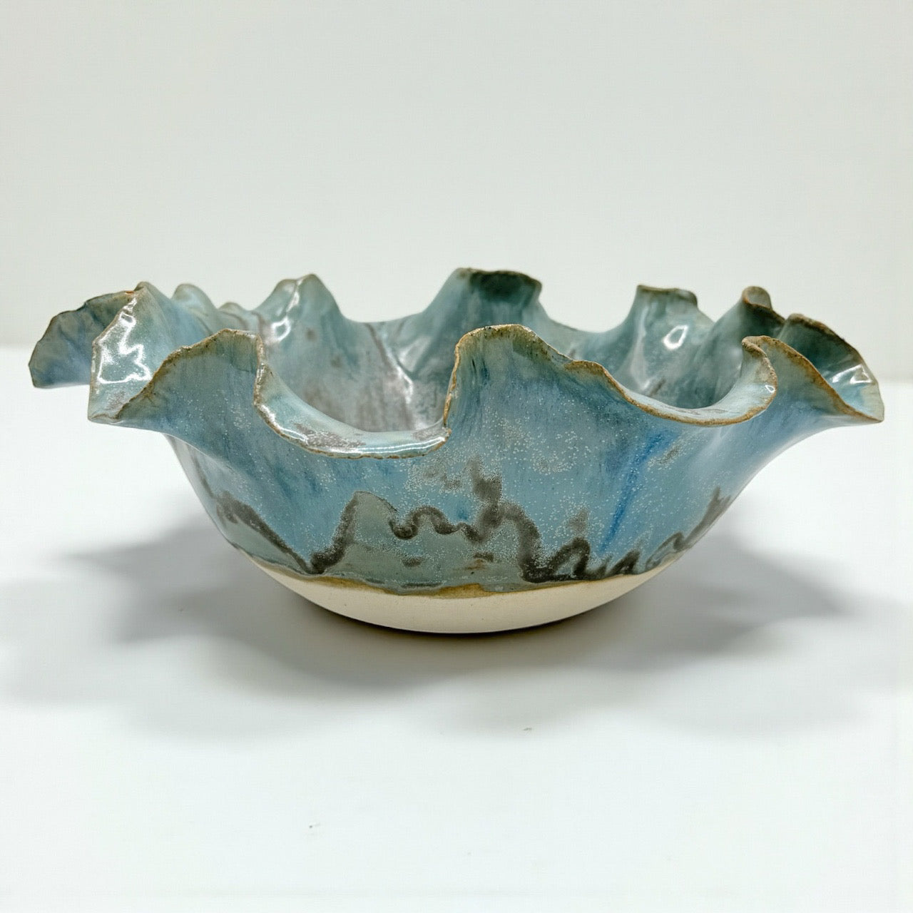 Aqua Blue/Green Bowl with Ruffled Rim