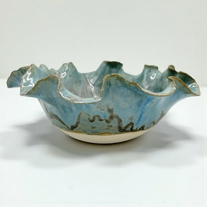 Aqua Blue/Green Bowl with Ruffled Rim