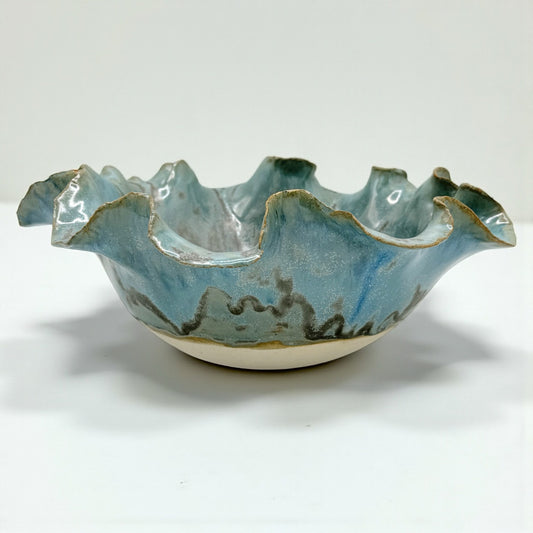 Aqua Blue/Green Bowl with Ruffled Rim