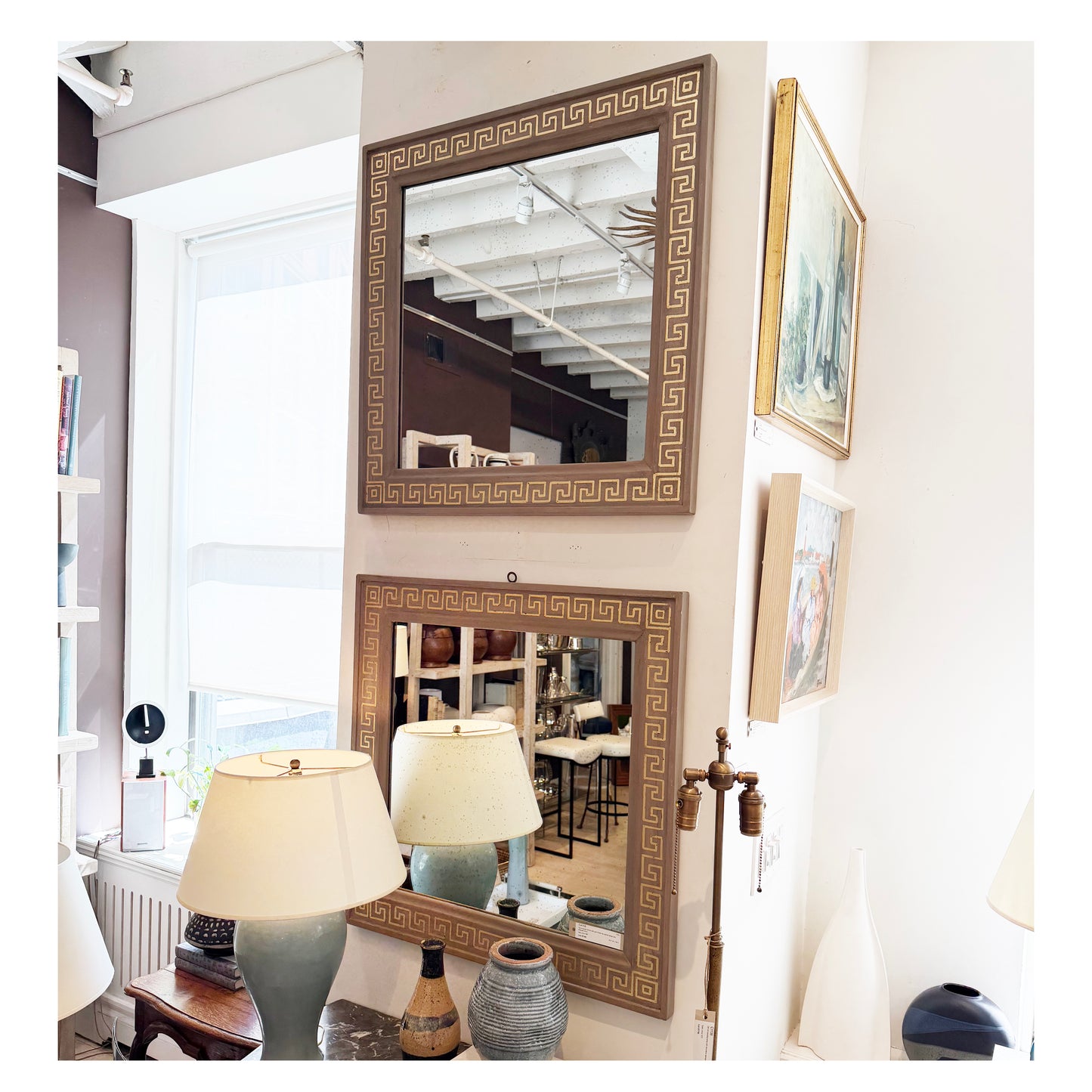 Pair of Square Mirrors with Greek Key Border, circa 1960