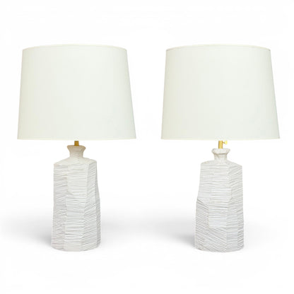 Pair of White Textured Ceramic Table Lamps with Oval Shades