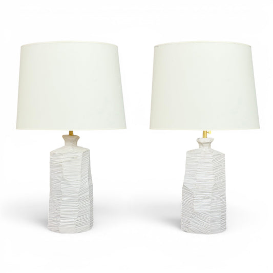 Pair of White Textured Ceramic Table Lamps with Oval Shades
