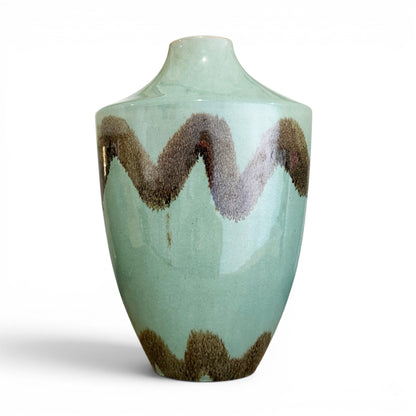 Light Green Ceramic Vase with Brown Decoration