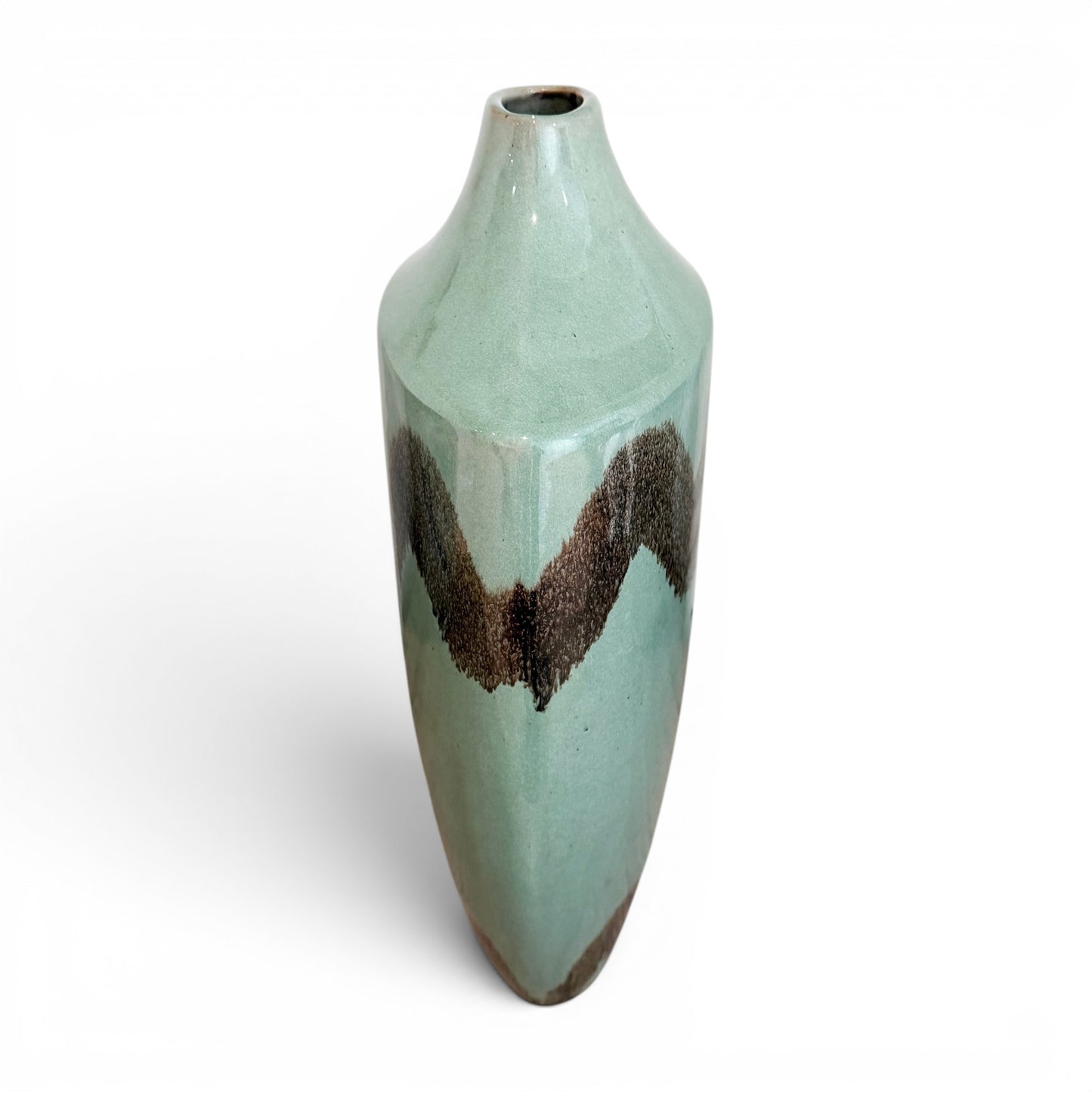 Light Green Ceramic Vase with Brown Decoration