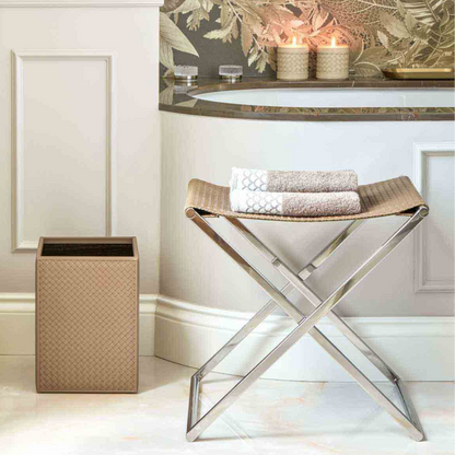 Chrome and Woven Leather Folding Luggage Rack or Seat