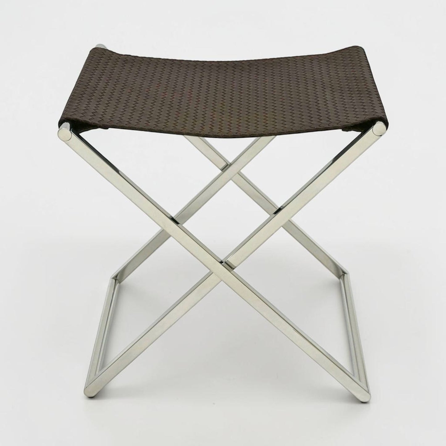 Chrome and Woven Leather Folding Luggage Rack or Seat