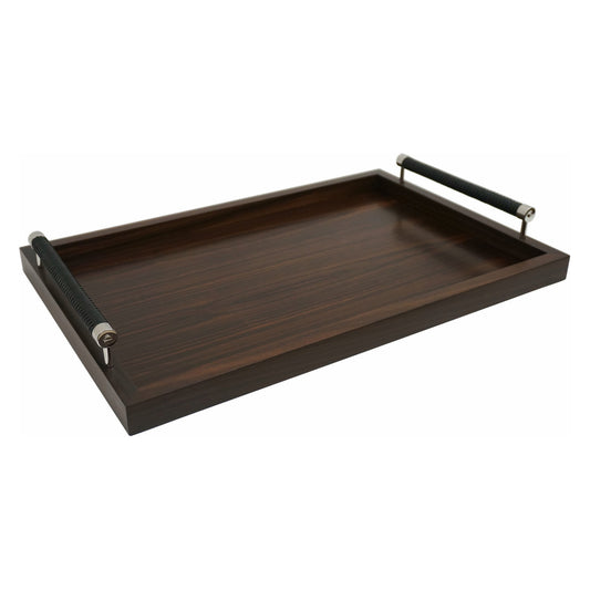 Large Macassar Ebony Tray with Woven Black Leather Handles
