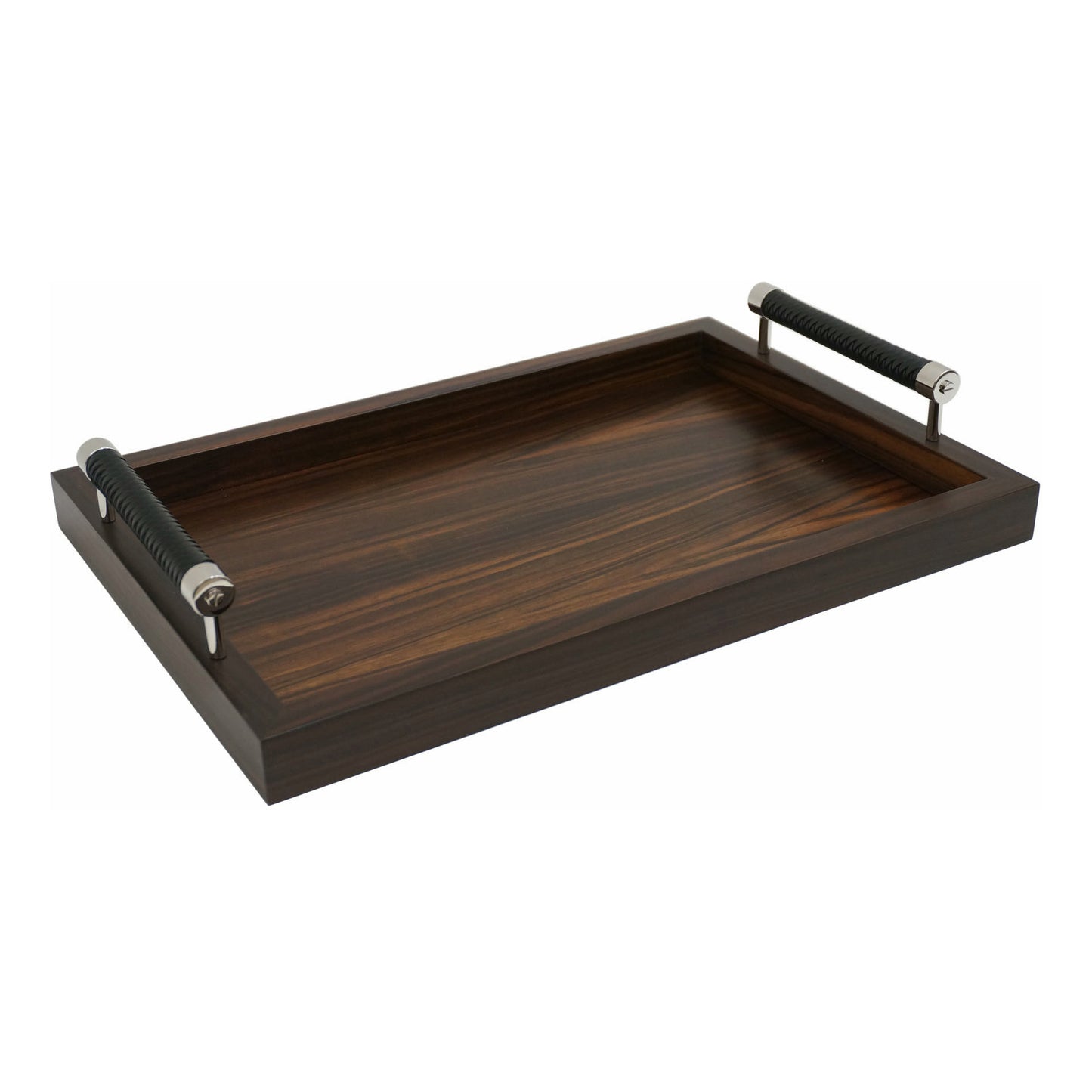 Medium Macassar Ebony Tray with Woven Black Leather Handles